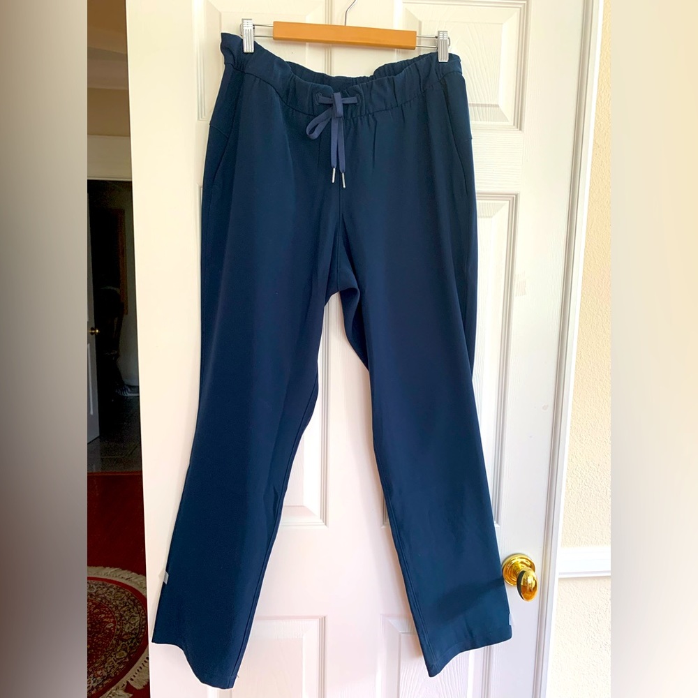 Lululemon Navy Travel Pants: Elastic Waist, Back Logo, Straight Fit, Size 12